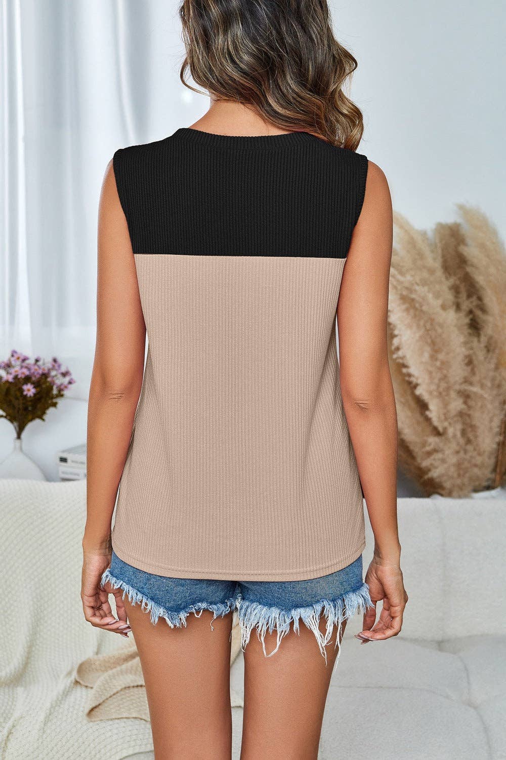Color Block Sleeveless Tank Top Casual Summer Knit Blouse