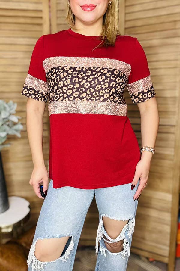 Red & leopard & sequin short sleeve women t-shirt GJQ16250