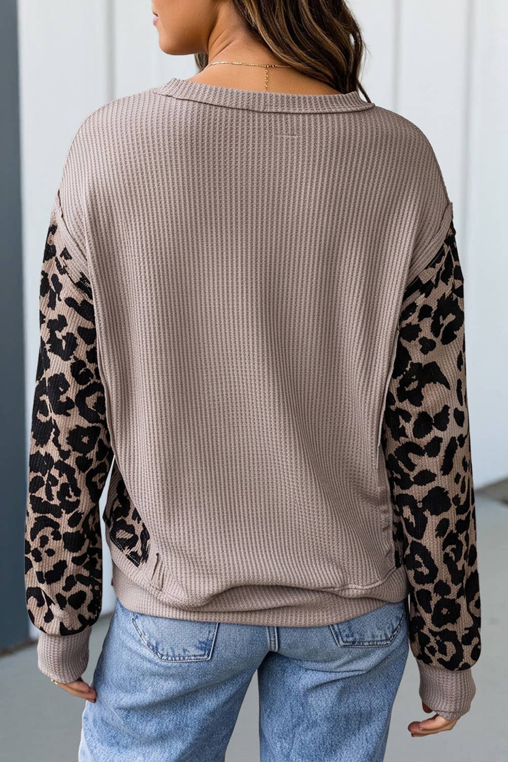 LAS Western Leopard Waffle Knit Split Hem Blouse (S-XL)