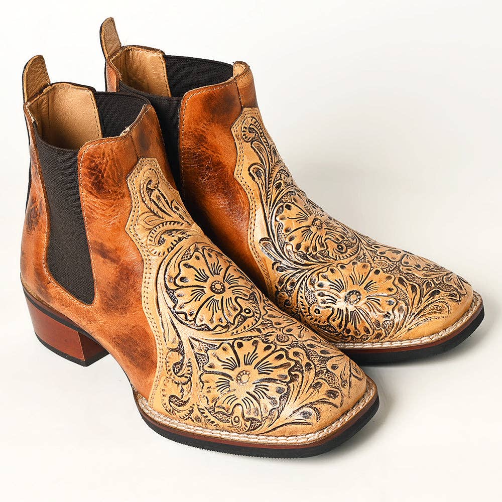 Hand Tooled Genuine Western Leather Riding Ankle Boot