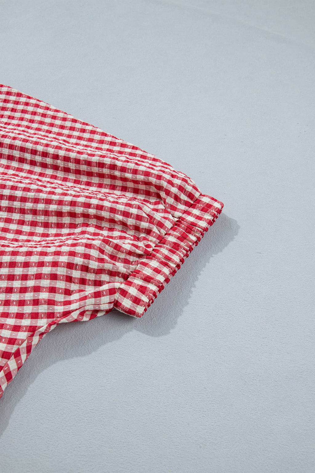 Gingham Short Sleeve Colorblock Trim Split Neck Top (S-XL)