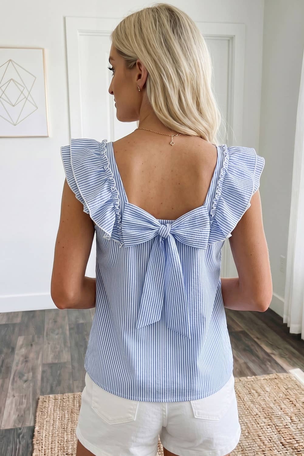 Stripe Bow Decor Frilly Ruffled Short Sleeve Blouse (S-XL)