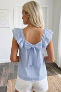 Stripe Bow Decor Frilly Ruffled Short Sleeve Blouse (S-XL)