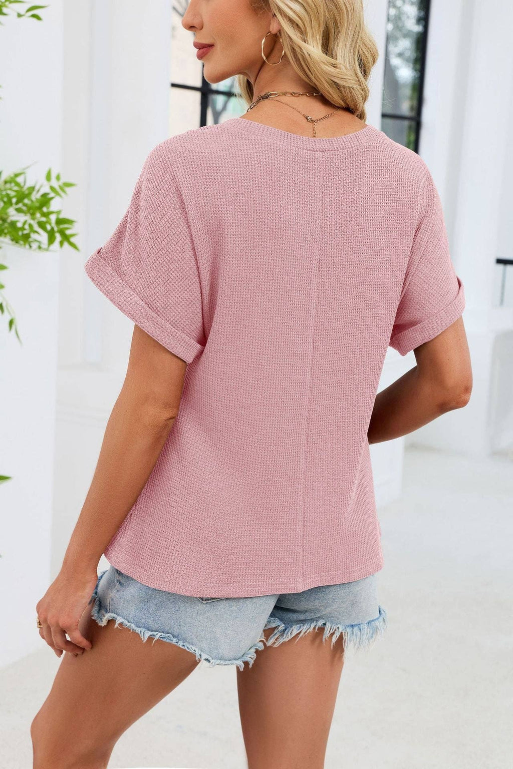 Crochet Lace Yoke Short Sleeve Waffle Knit Casual Top
