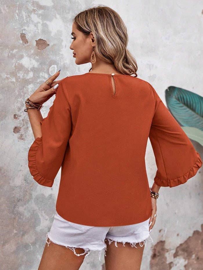 Women’s Solid Ruffle Sleeve Loose Fit Summer Blouse