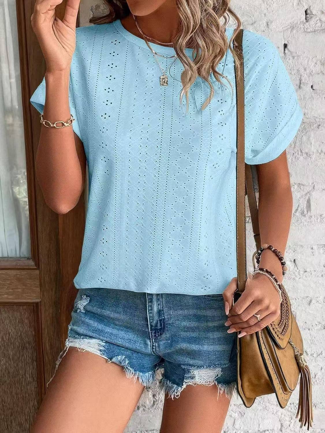 Solid Eyelet Short Sleeve Tee Loose Fit Casual Top