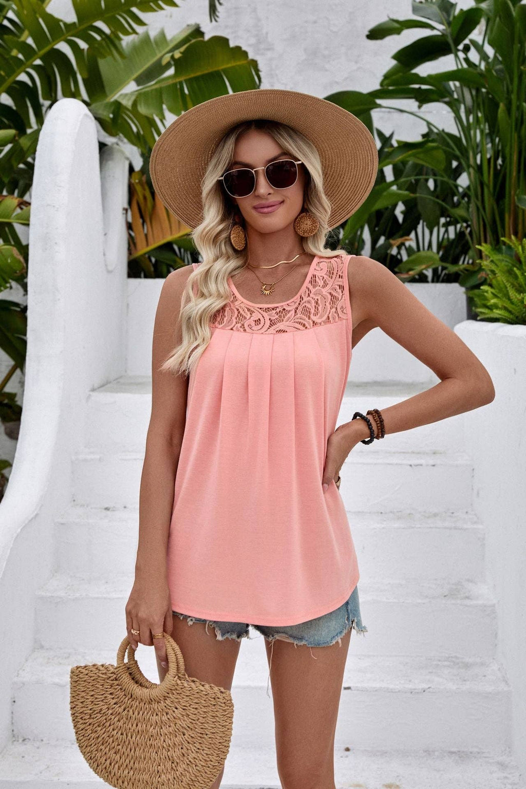 Solid Lace Tank Top Sleeveless Pleated Loose Summer