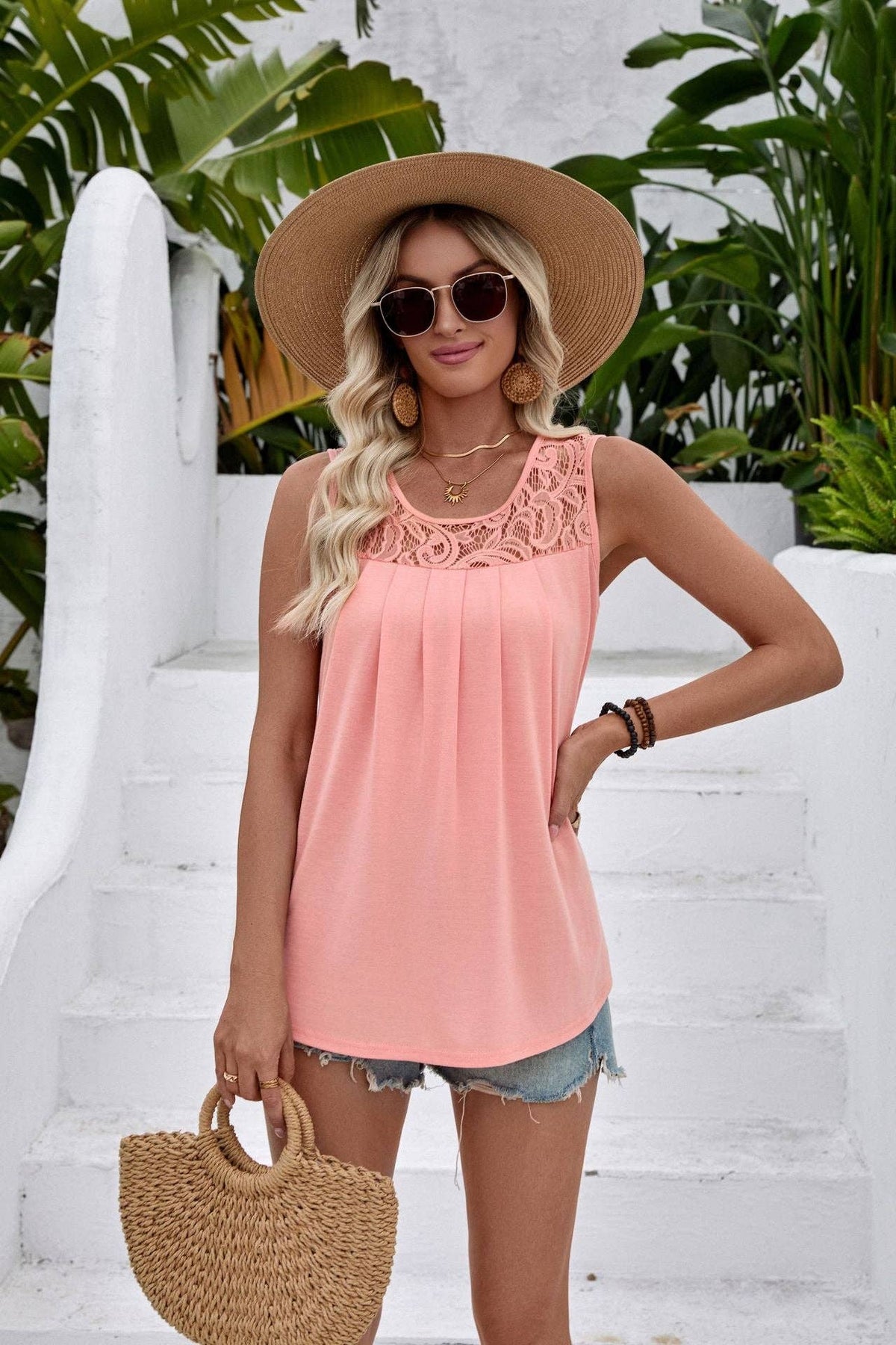 Solid Lace Tank Top Sleeveless Pleated Loose Summer