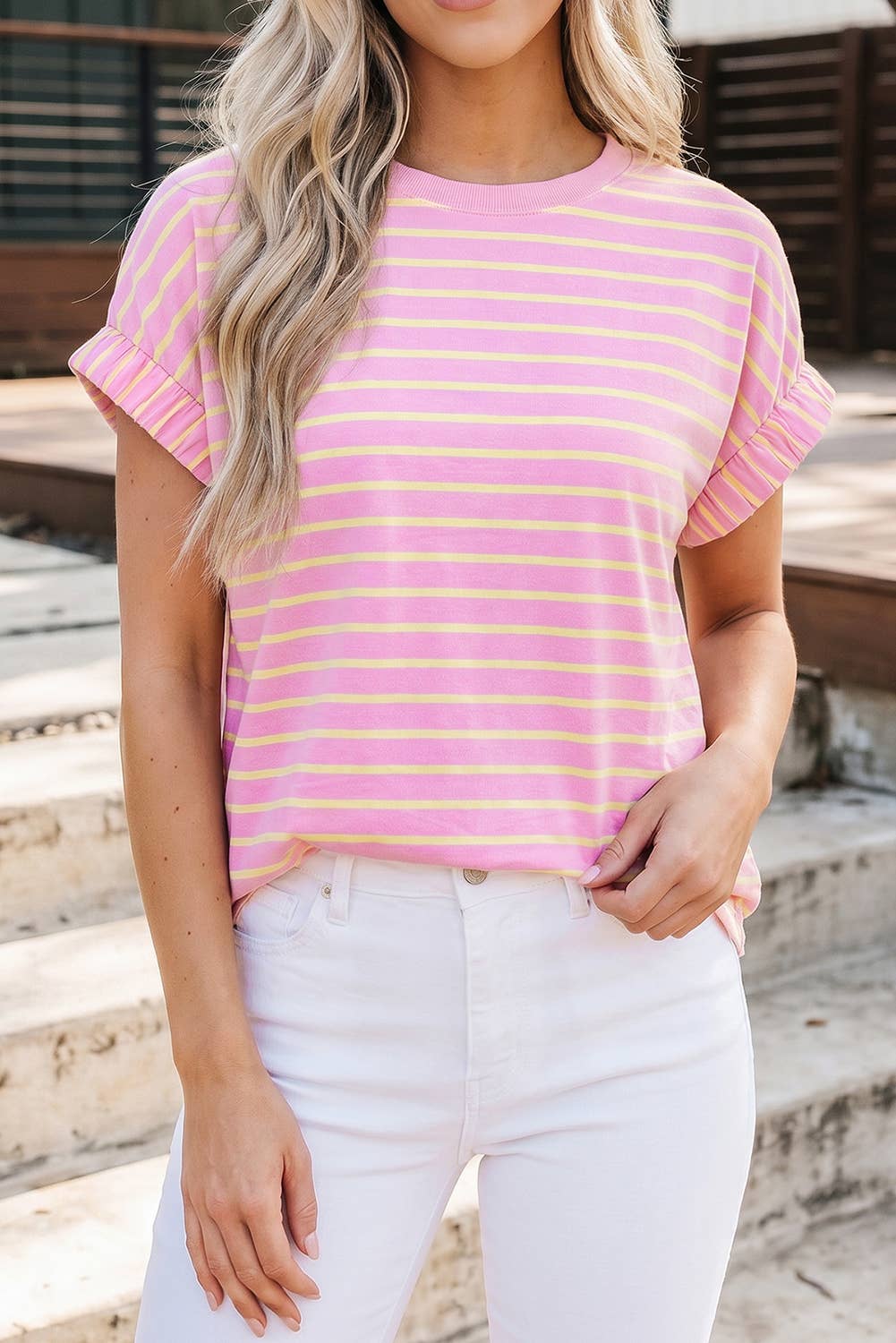 Striped Crew Neck Elastic Cuffed Short Sleeve Casual Top