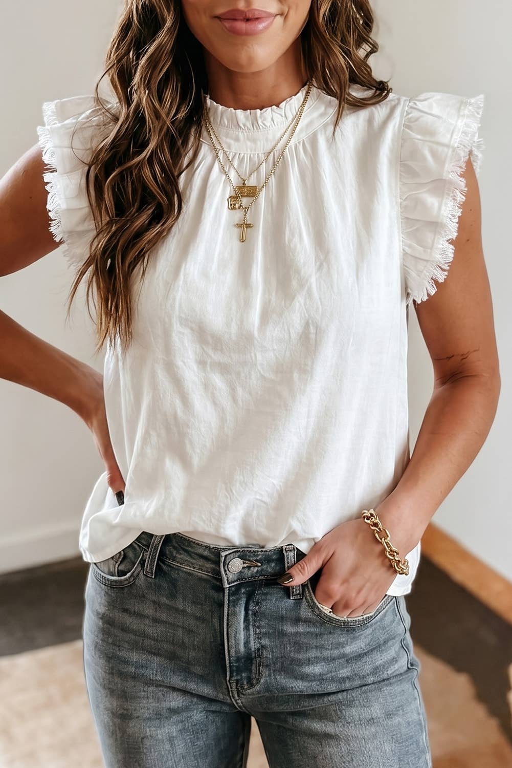 Western Summer Frilled Collar Flutter Sleeve Denim Top