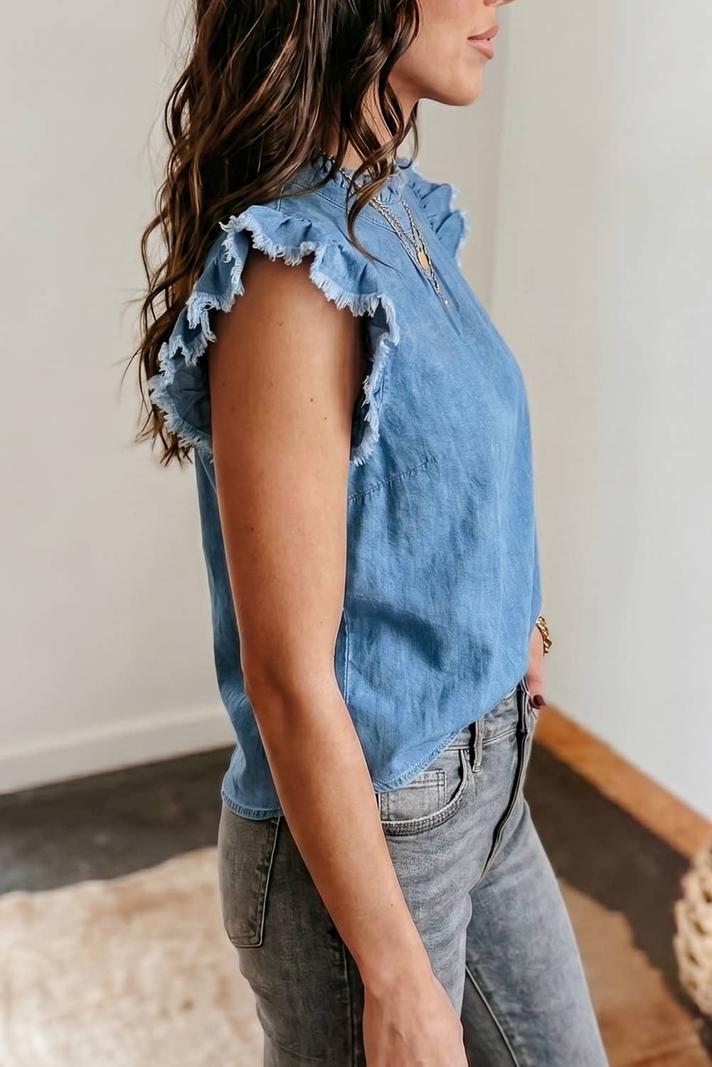 Western Summer Frilled Collar Flutter Sleeve Denim Top