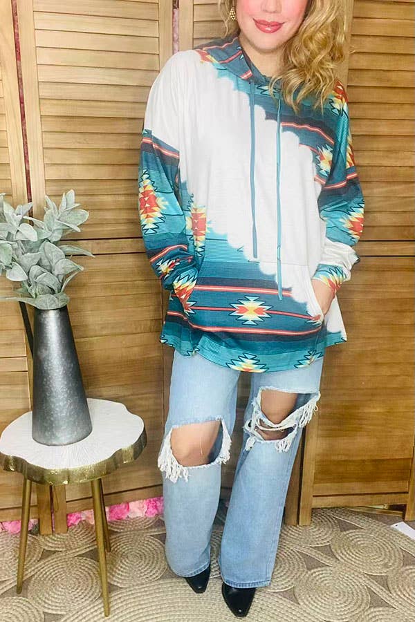 Aztec printed women hoodie top w/front pocket XCH11463