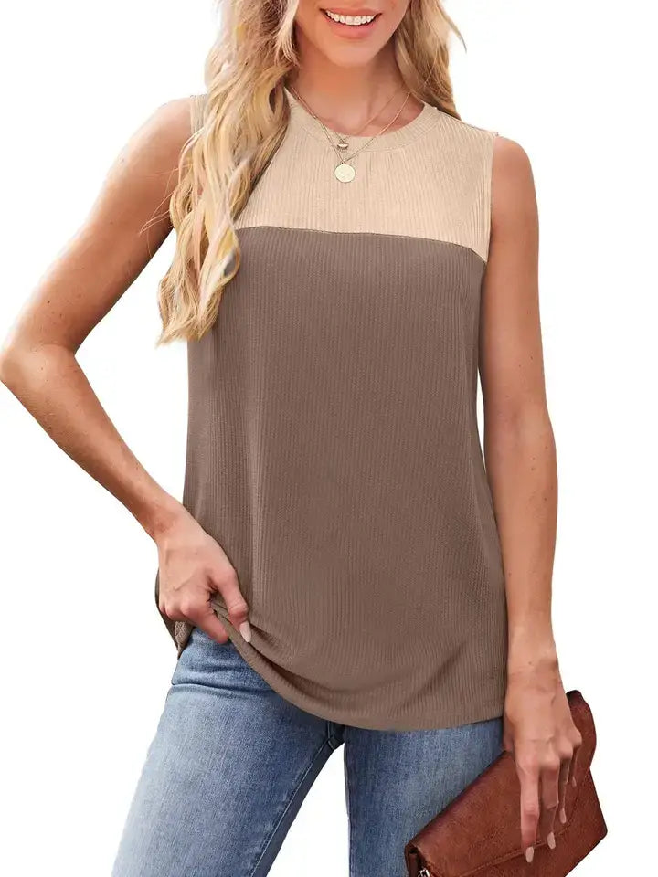 Color Block Sleeveless Tank Top Casual Summer Knit Blouse