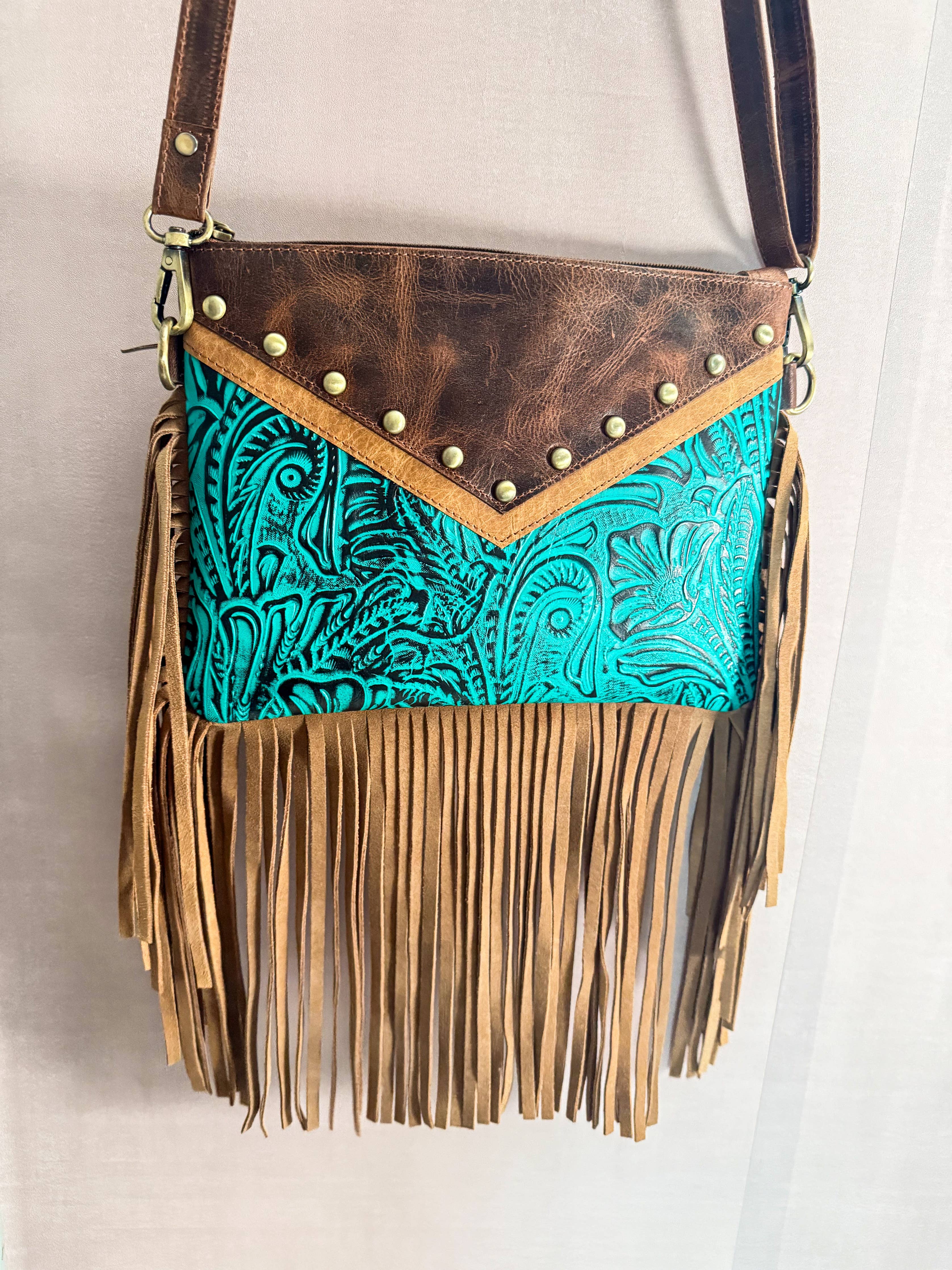 The Feral Grace | Embossed Tooling Style Turquoise Full Grain Leather Fringe Crossbody