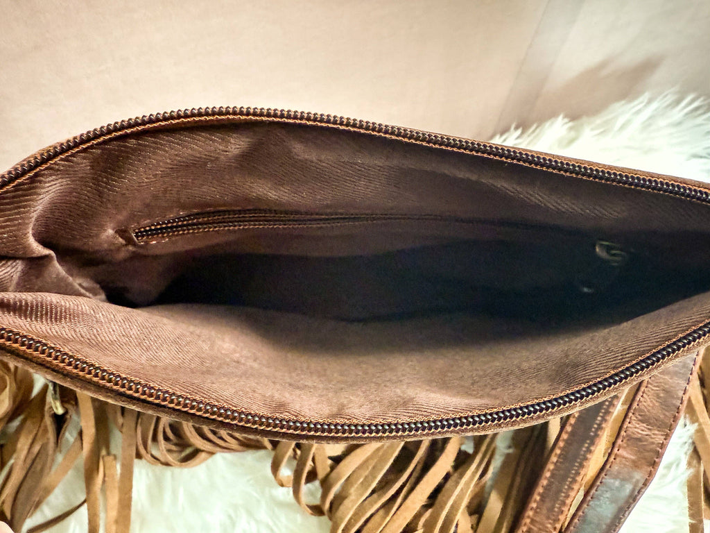 The Feral Grace | Embossed Tooling Style Turquoise Full Grain Leather Fringe Crossbody