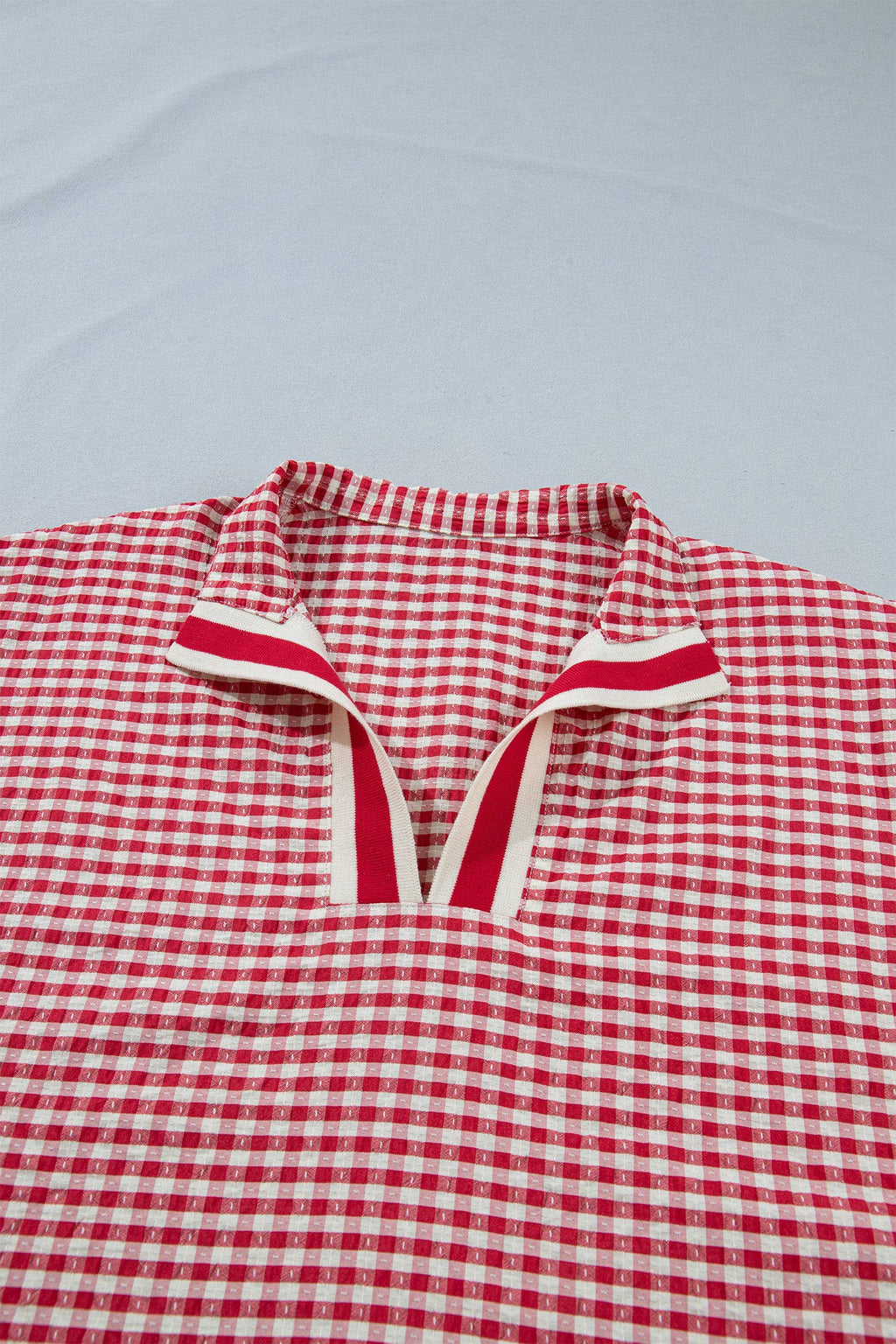 Gingham Short Sleeve Colorblock Trim Split Neck Top (S-XL)