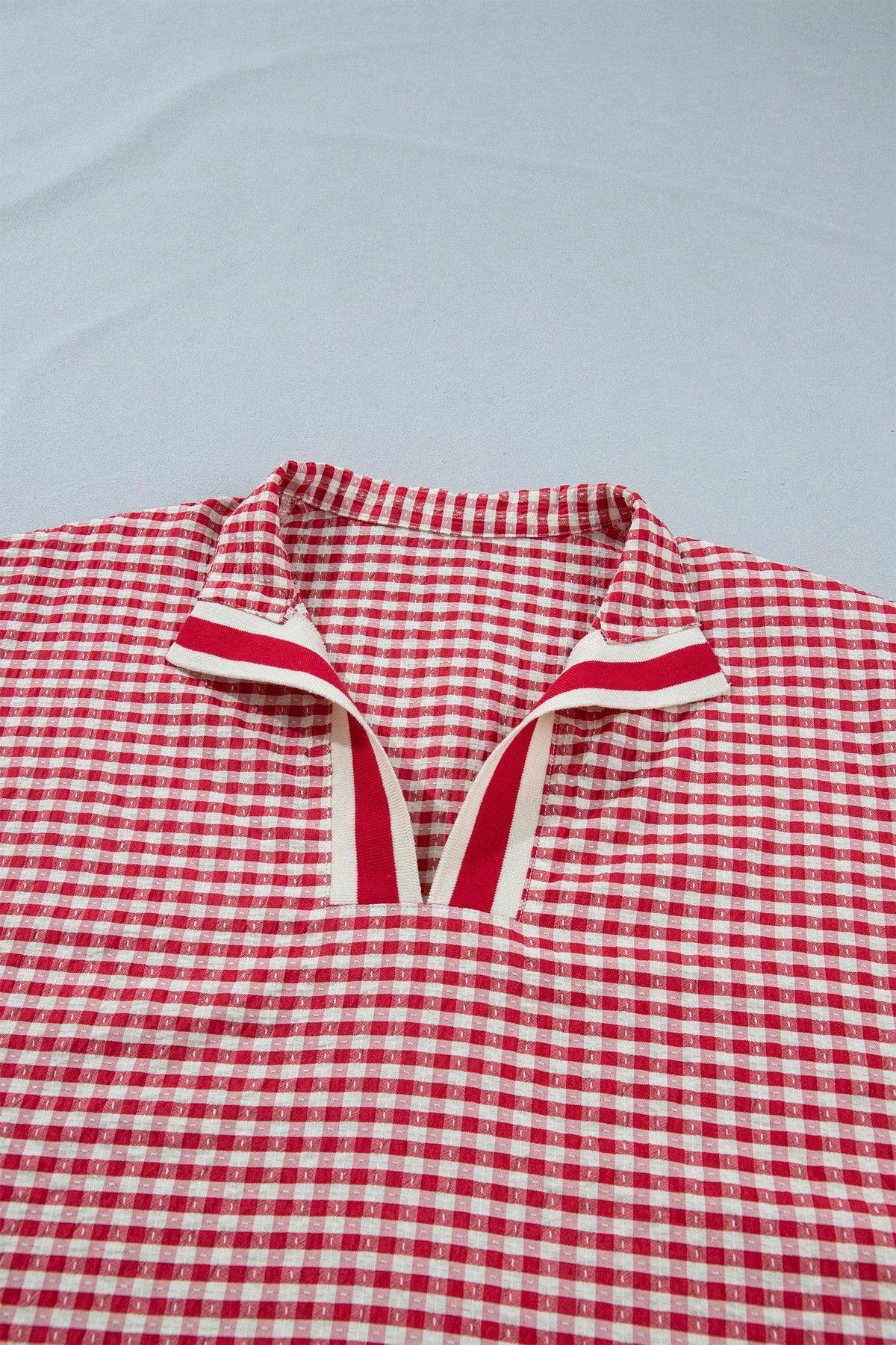 Gingham Short Sleeve Colorblock Trim Split Neck Top (S-XL)