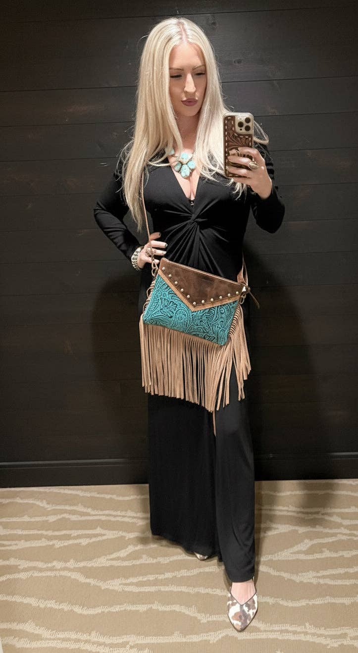 The Feral Grace | Embossed Tooling Style Turquoise Full Grain Leather Fringe Crossbody