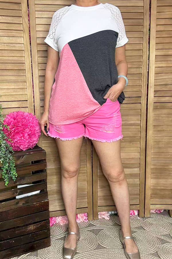 Grey Pink white lace short sleeves women tops XCH14952