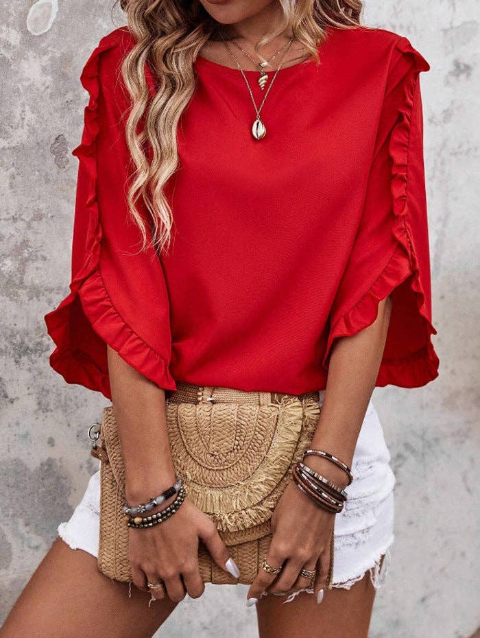 Women’s Solid Ruffle Sleeve Loose Fit Summer Blouse
