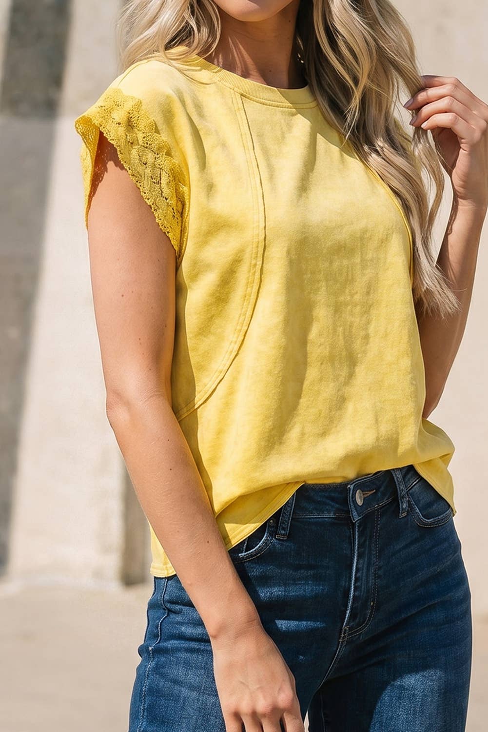Solid Mineral Wash Raw Seam Detail Lace Trim Cap Sleeve Top