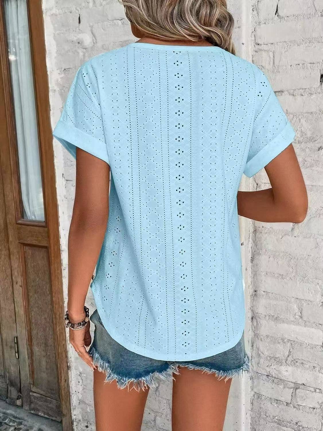 Solid Eyelet Short Sleeve Tee Loose Fit Casual Top