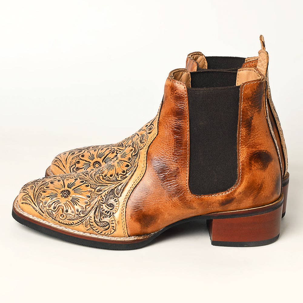 Hand Tooled Genuine Western Leather Riding Ankle Boot