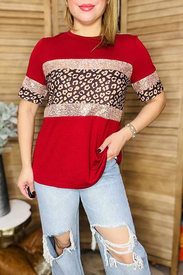 Red & leopard & sequin short sleeve women t-shirt GJQ16250