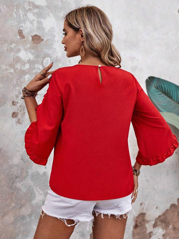Women’s Solid Ruffle Sleeve Loose Fit Summer Blouse
