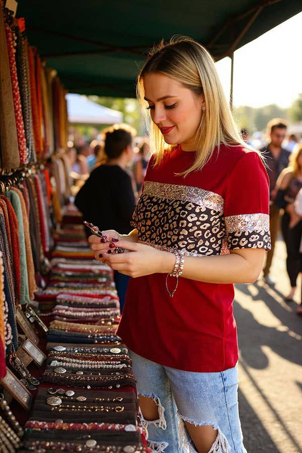 Red & leopard & sequin short sleeve women t-shirt GJQ16250