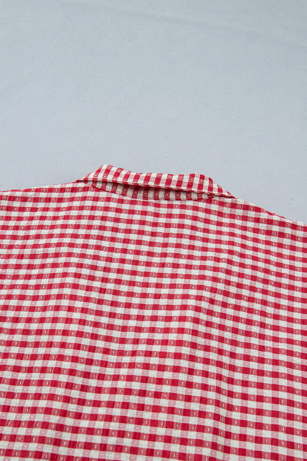 Gingham Short Sleeve Colorblock Trim Split Neck Top (S-XL)