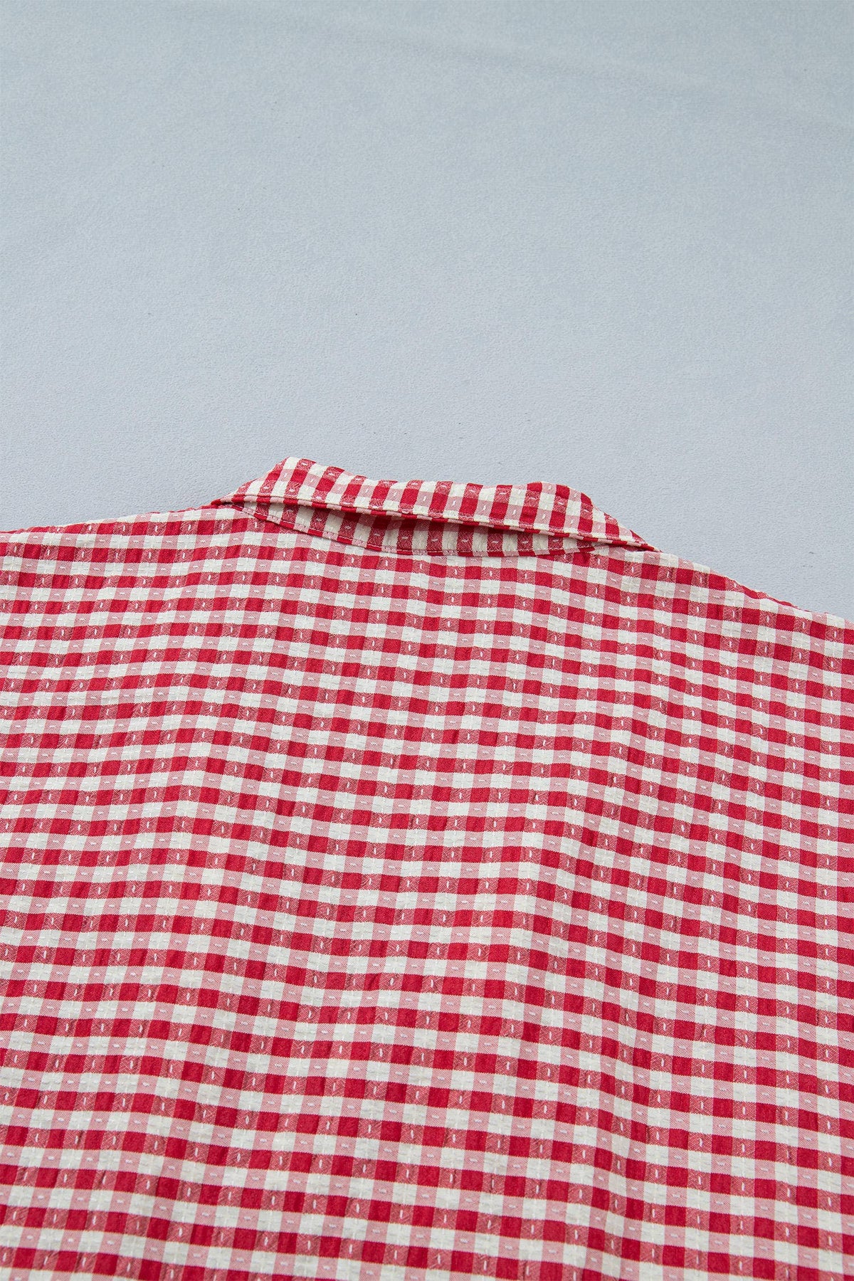 Gingham Short Sleeve Colorblock Trim Split Neck Top (S-XL)