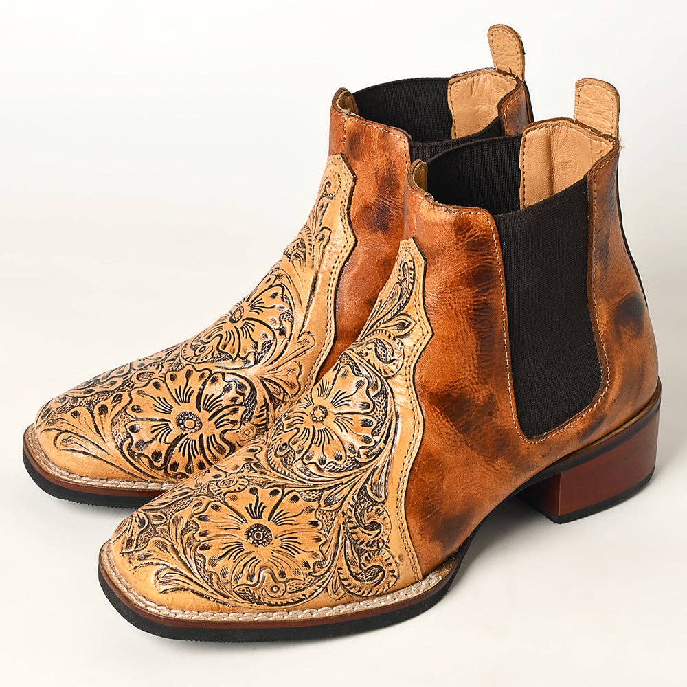 Hand Tooled Genuine Western Leather Riding Ankle Boot