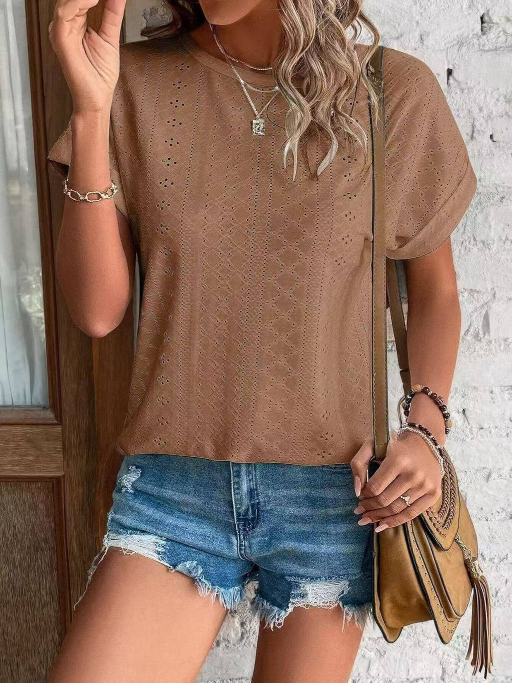 Solid Eyelet Short Sleeve Tee Loose Fit Casual Top