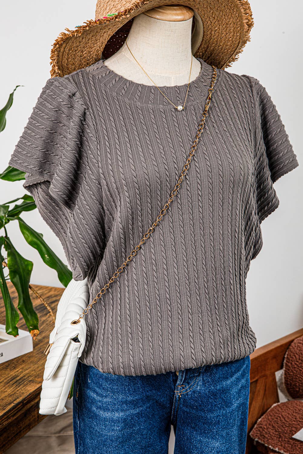 Fashion-W Summer Solid Color Textured Flutter Sleeve Top