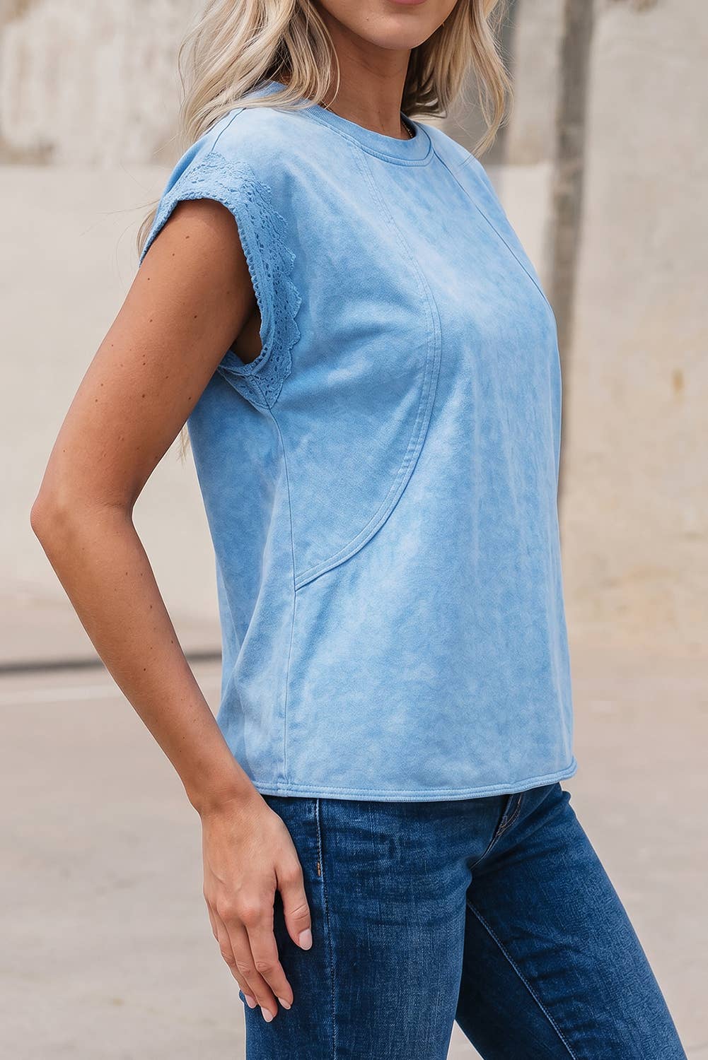 Solid Mineral Wash Raw Seam Detail Lace Trim Cap Sleeve Top