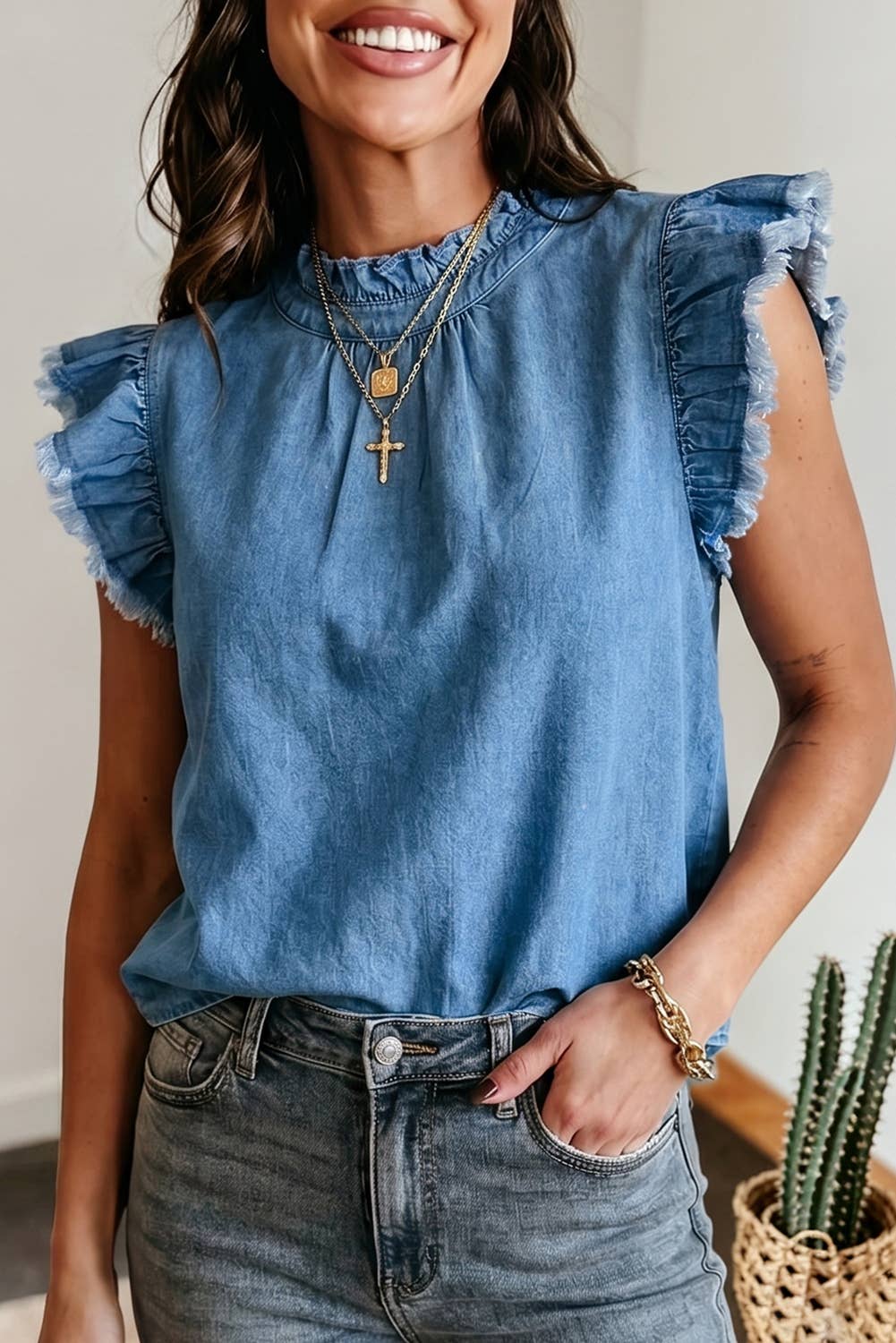 Western Summer Frilled Collar Flutter Sleeve Denim Top