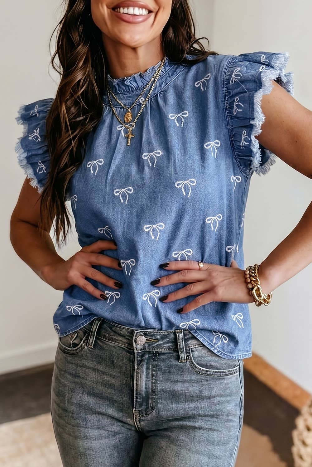 Western Summer Frilled Collar Flutter Sleeve Denim Top
