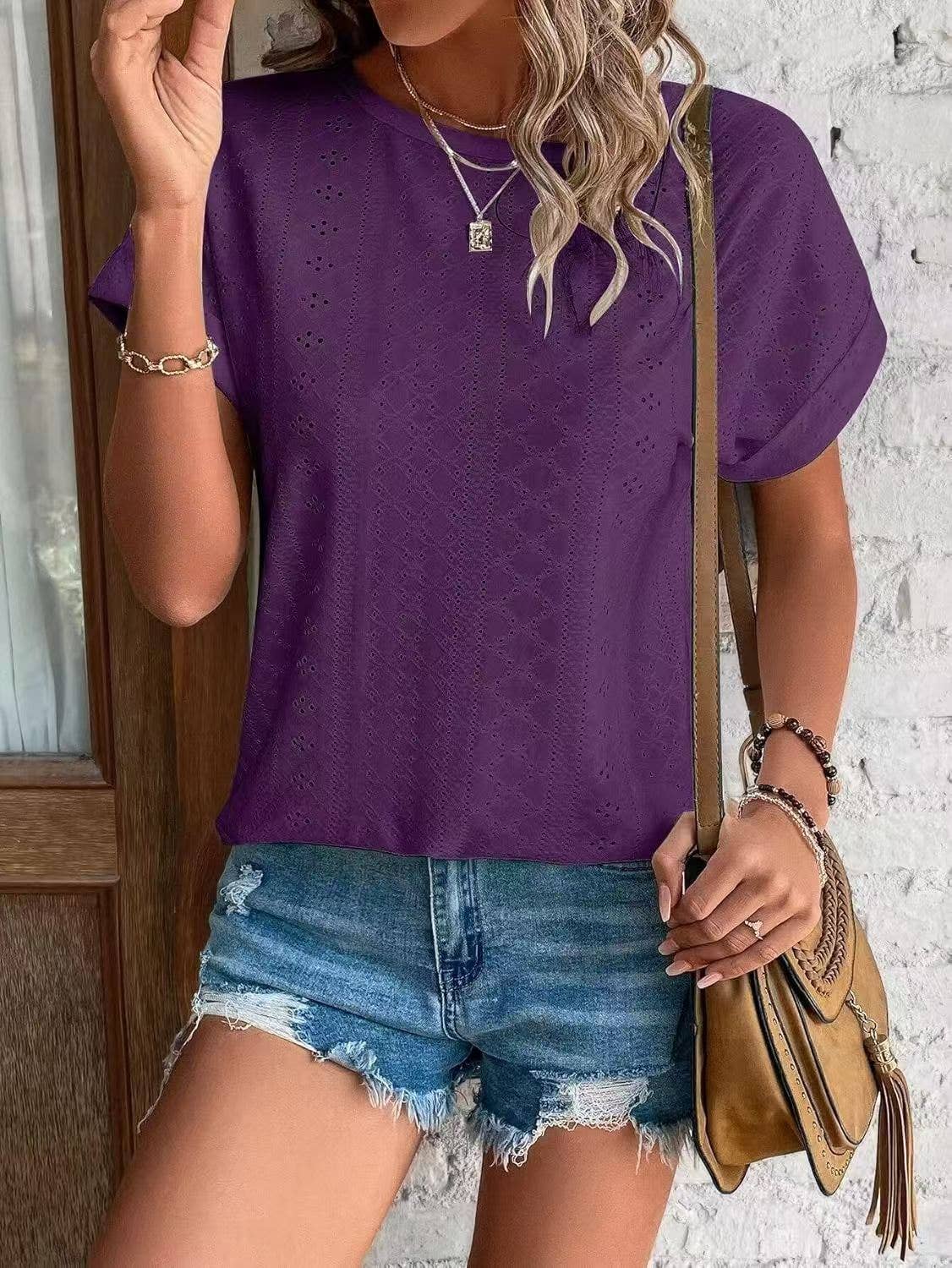 Solid Eyelet Short Sleeve Tee Loose Fit Casual Top