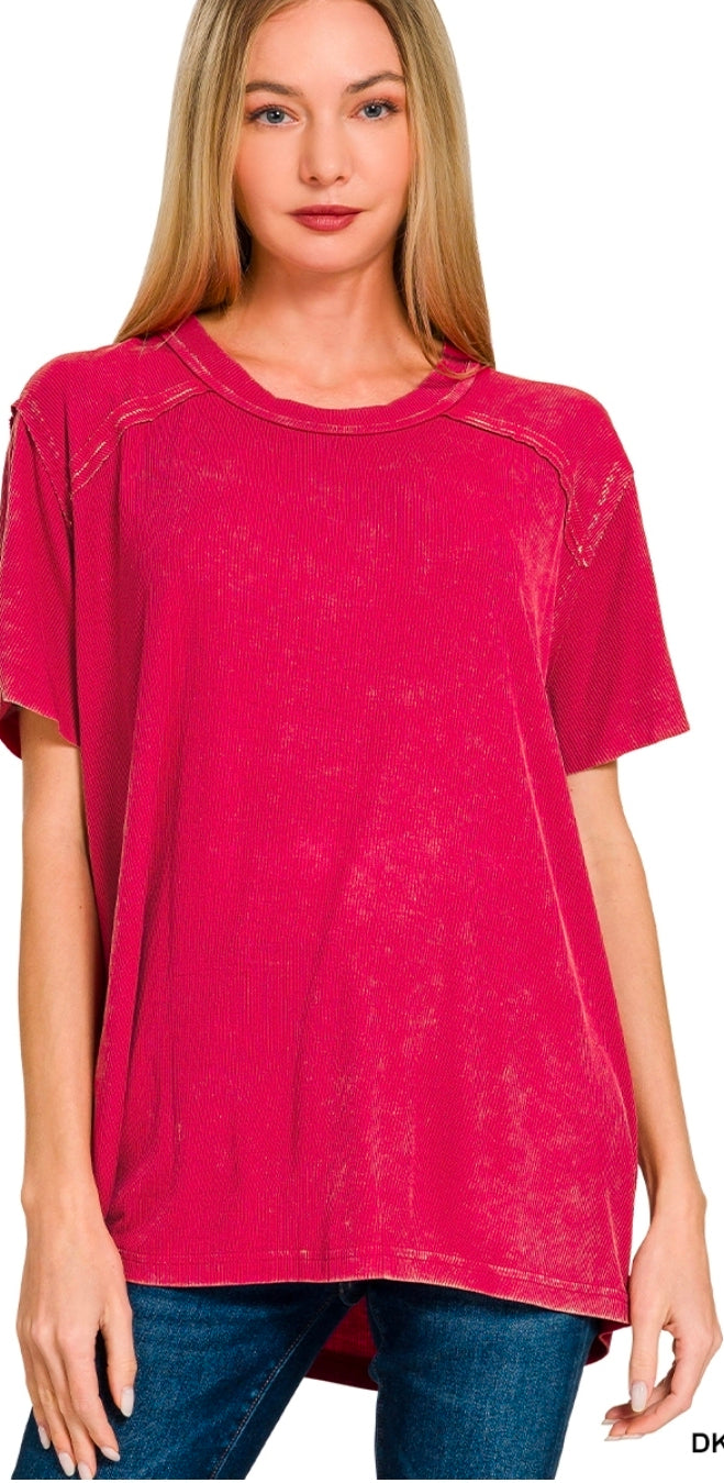Washed ribbed short sleeve boat-neck top